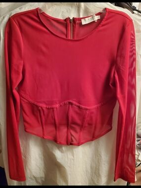 ASTR The Label Red Long-Sleeve Mesh Corset-Style Cropped Top